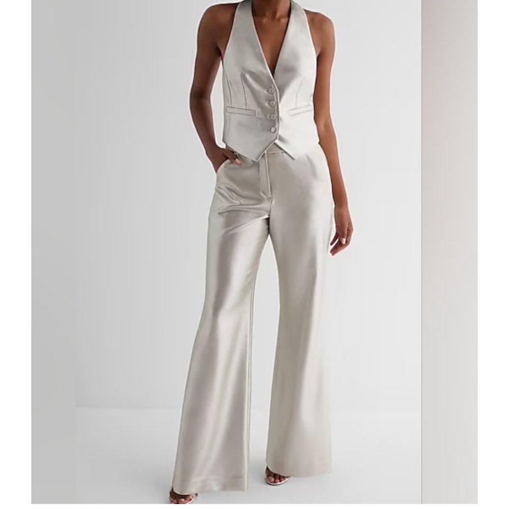 NWT Express Editor Metallic Beige Flare Zip High Waisted Trouser Pant Si…